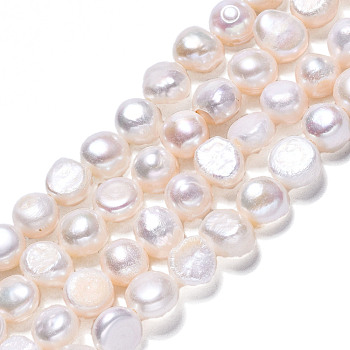 Natural Cultured Freshwater Pearl Beads Strands, Two Sides Polished, Creamy White, 7~8x7~8x4~6mm, Hole: 0.7mm, about 53~54pcs/strand, 13.98 inch~14.37 inch(35.5~36.5cm)