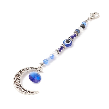 Glass & Resin Beaded Evil Eye Pendant Decorations, Lobster Clasp Charms, Clip-on Charms, for Keychain, Purse, Backpack Ornament, Moon, Blue, 145mm
