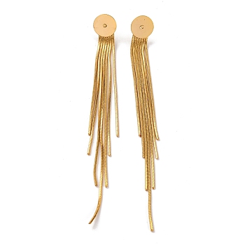 Brass Snake Chain Tassel Stud Earring Findings, with Flat Round Cabochon Setting, Real 18K Gold Plated, 106x10mm