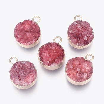 Natural Druzy Agate Pendants, with Real 18K Gold Plated Brass Finding, Long-Lasting Plated, Flat Round, Dyed, Red, 18~20x14x5~10mm, Hole: 2~3mm