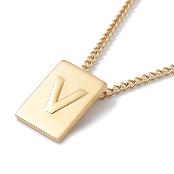 Titanium Steel Initial Letter Rectangle Pendant Necklace for Men Women, Golden, Letter.V, 18.11~18.5 inch(46~47cm)