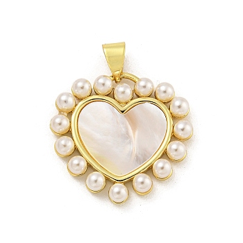 Rack Plating Brass Pave Natural Shell Pendants, Heart Charms with ABS Plastic Pearl, Cadmium Free & Lead Free, Long-Lasting Plated, Real 18K Gold Plated, 21x21.5x4mm, Hole: 3.5x5mm