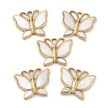 304 Stainless Steel Pendants, with Pave Shell, Butterfly Charm, Real 14K Gold Plated, 12.5x15x1.8mm, Hole: 2x1.5mm