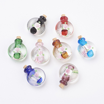 Handmade Silver Foil Lampwork Perfume Bottle Pendants, Essential Oil Bottle, Mixed Color, 34.5~35.5mm, Hole: 4.5mm, Bottle Capacity: 0.5~1ml(0.017~0.03 fl. oz)