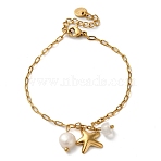 Natural Quartz Crystal & Fresheater Pearl & Starfish Charm Bracelets, 304 Stainless Steel Paperclip Chain Bracelets, Golden, 6-1/2 inch(16.4cm)(BJEW-K237-06G-03)