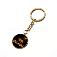Alloy Keychain, with Glass, Flat Round with Halloween, Antique Bronze, 80x25mm(KEYC-F028-68AB-18)
