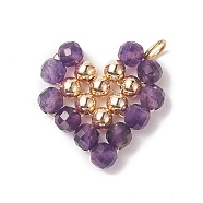 Natural Amethyst Copper Wire Wrapped Pendants, Heart Charms, with Golden Tone Brass Beads, 22.5x22x4.5mm, Hole: 3.6mm(PALLOY-JF02037-02)