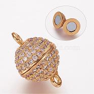 Brass Micro Pave Cubic Zirconia Magnetic Clasps with Loops, Round, Golden, 16x10mm, Hole: 1.5mm(ZIRC-G097-02G)