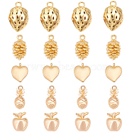 BENECREAT 20Pcs 5 Style Brass Charms, Nickel Free, with Loops, Apple & Strawberry & Heart & Conifer Cone & Pineapple, Real 18K Gold Plated, 10x8x7.5mm, Hole: 0.8mm(KK-BC0001-95G)