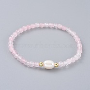 Natural Rose Quartz Beads Stretch Bracelets, with Brass Beads and Natural Pearl Beads, 2-1/2 inch(6.4cm)(BJEW-JB04676-01)