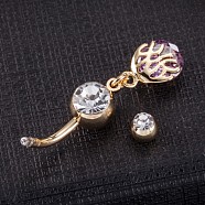 Piercing Jewelry, Brass Cubic Zirconia Navel Ring, Belly Rings, with 304 Stainless Steel Bar, Cadmium Free & Lead Free, Real 18K Gold Plated, Purple, 38x8mm, Bar Length: 3/8"(10mm), Bar: 14 Gauge(1.6mm)(AJEW-EE0003-35D)