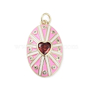 Rack Plating Brass Micro Pave Clear Cubic Zirconia Pendants, with Enamel, Long-Lasting Plated, Lead Free & Cadmium Free, Oval with Heart Charms, Pearl Pink, 26x16x4mm, Hole: 3.5mm(KK-H474-23G-02)