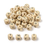 Natural Wood Beads, Horizontal Hole, Undyed, Cube with Alphabet, Antique White, 12x12x12mm, Hole: 4mm, 602pcs/500g(WOOD-XCP0001-95)