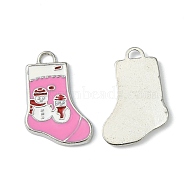 Alloy Enamel Pendants, Christmas Stockings Charms for Holiday Jewelry Making, Lead Free and Cadmium Free, Platinum Metal Color, Hot Pink, 24~26x15~16x2mm, Hole: 2mm(ENAM-P030-1)