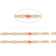 Handmade 304 Stainless Steel Dapped Chains, Cable Chains, with Enamel and Spool, Soldered, Flat Oval, Long-Lasting Plated, Coral, 3x1.5x0.1~1mm, about 32.8 Feet(10m)/roll(CHS-D026-16E-G)
