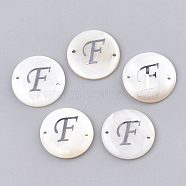 Freshwater Shell Links connectors, with Brass Findings, Flat Round, Platinum, Letter.F, 20~21x3mm, Hole: 1.2mm(SHEL-S274-22F-P)