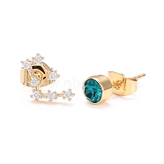 Brass Micro Pave Cubic Zirconia Stud Earrings, Asymmetrical Earrings, with 925 Sterling Silver Pins and Ear Nuts, Flat Round & Constellation/Zodiac Sign, Golden, Dark Cyan, Aquarius, 9x8mm and 5mm, Pin: 0.8mm(EJEW-I253-01E)