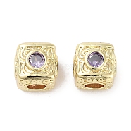 Brass Micro Pave Cubic Zirconia Beads, Cube, Real 18K Gold Plated, Lilac, 7.5x7.5x7.5mm, Hole: 3mm(KK-C051-28G-01)