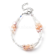 Multi-strand Bracelets, with Glass Seed Beads, Natural Pearl Beads, Glass Beads and 304 Stainless Steel Lobster Claw Clasps, Seashell Color, 7-5/8 inch(19.5cm)(BJEW-JB05492-01)