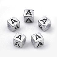 Plated Acrylic Beads, Horizontal Hole, Cube with Letter, Antique Silver, Letter.A, 6mm, Hole: 3mm(X-PB43C9308-A)