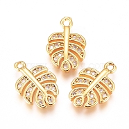 Brass Micro Pave Cubic Zirconia Charms, Tropical Leaf Charms, Monstera Leaf, Clear, Golden, 14x9x2mm, Hole: 1mm(X-KK-G391-15G)