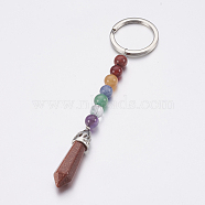 Synthetic Goldstone Chakra Pointed Keychain, with Mixed Stone and Platinum Plated Brass Key Findings, Bullet, 107~110mm, Ring: 24x2mm(KEYC-P040-C08)
