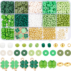 DIY Saint Patrick's Day Jewelry Making Finding Kit, Including Polymer Clay Disc & Glass Seed & Acrylic & Spacer Beads, Brass Jump Rings, Clover Alloy Enamel Pendants, Green, 1270Pcs/box(DIY-SC0023-84)