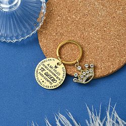 201 Stainless Steel & Alloy  Rhinestone Keychain, with Brass Rings, Flat Round, Golden, 5.5cm(KEYC-YW00103-02)