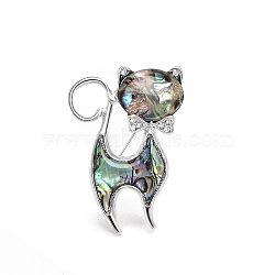 Cat Shape Shell Pin, Alloy Rhinestone Brooch for Backpack Clothes, Platinum, 41x28mm(PW-WGCEA34-01)