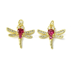 Eco-Friendly Brass Micro Pave Cubic Zirconia Pendants, with Jump Ring, Long-Lasting Plated, Real 18K Gold Plated, Cadmium Free & Lead Free, Dragonfly, Cerise, 20x22x4mm, Hole: 3.4mm(KK-A204-10G-02)