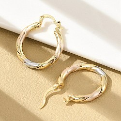 Brass Two Tone Twist Hoop Earrings, Real 18K Gold Plated, 25x3.5mm, Pin: 14x1.5x0.5mm(EJEW-B117-06A-M)