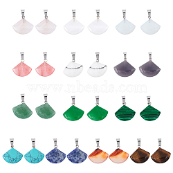 Fan Gemstone Pendants, with Platinum Tone Brass Findings, 20~21x21~22x5~6mm, Hole: 2x7mm, 20~21x21~22x5~6mm, Hole: 2x7mm, 13 materials, 2pcs/material, 26pcs/box(G-FH0001-15)