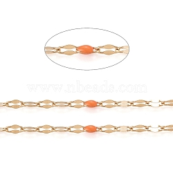 Handmade 304 Stainless Steel Dapped Chains, Cable Chains, with Enamel and Spool, Soldered, Flat Oval, Long-Lasting Plated, Coral, 3x1.5x0.1~1mm, about 32.8 Feet(10m)/roll(CHS-D026-16E-G)