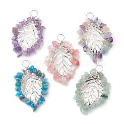 Natural & Synthetic Mixed Gemstone Chip Pendants, Iron Leaf Charms, Platinum, 32x21x4mm, Hole: 4mm(PALLOY-JF02571-02)