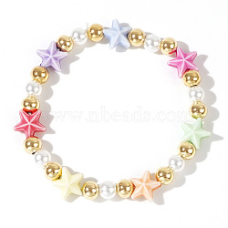 Random Color Acrylic Five-pointed Star Pearl Copper Bead Bracelet Sweet Lady Jewelry, 6-7/8 inch(17.5cm)(SY6165)