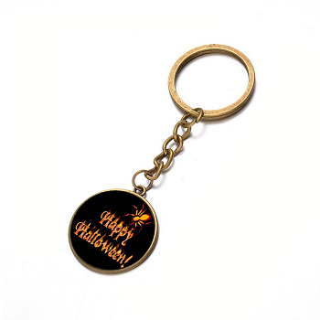 Alloy Keychain, with Glass, Flat Round with Halloween, Antique Bronze, 80x25mm