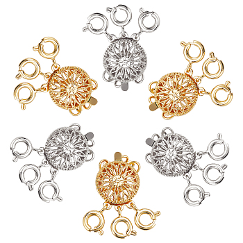 6 Sets 2 Colors 3-Strand 6-Hole Brass Box Clasps, Multi-Strand Clasps, with Spring Ring Clasps, Flat Round, Platinum & Golden, 24x11x5.5mm, Hole: 2mm, 3 sets/color