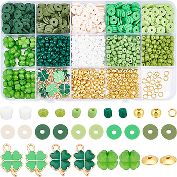 DIY Saint Patrick's Day Jewelry Making Finding Kit, Including Polymer Clay Disc & Glass Seed & Acrylic & Spacer Beads, Brass Jump Rings, Clover Alloy Enamel Pendants, Green, 1270Pcs/box