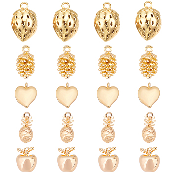 BENECREAT 20Pcs 5 Style Brass Charms, Nickel Free, with Loops, Apple & Strawberry & Heart & Conifer Cone & Pineapple, Real 18K Gold Plated, 10x8x7.5mm, Hole: 0.8mm