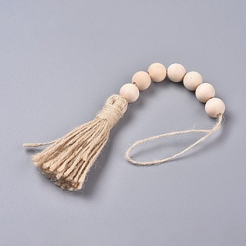 Pine Wood Bead Garlands, with Hemp Rope Tassels, Wooden Bead String Wall Hanging, for Home Decoation, Blanched Almond, 29cm