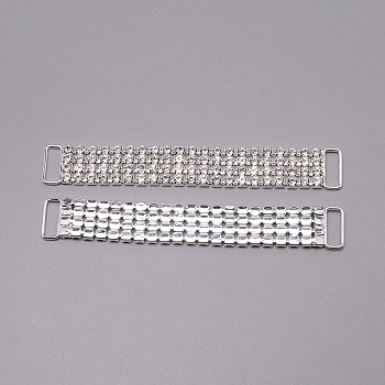 Brass Rhinestone Links Connectors, Garment Accessories, Rectangle, Crystal, Silver, 106x15x3mm, Hole: 13x5mm
