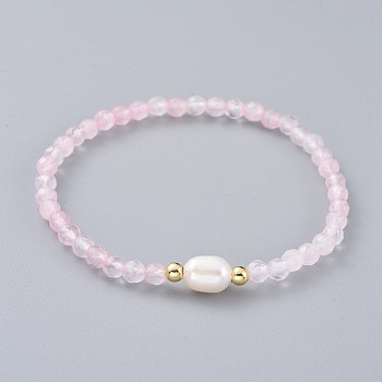 Natural Rose Quartz Beads Stretch Bracelets, with Brass Beads and Natural Pearl Beads, 2-1/2 inch(6.4cm)