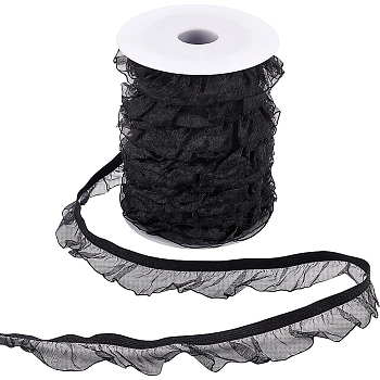 BENECREAT 25 Yard Chinlon Organza Elastic Lace Ribbon, Single Ruffle Organza Trim, for Clothes Sewing Embellishment, Black, 25mm