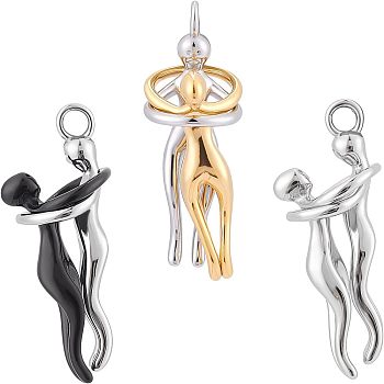 3Pcs 3 Colors 304 Stainless Steel Pendants, Human Huging, Mixed Color, 37.5x13mm, Hole: 3.4mm, 1pc/style