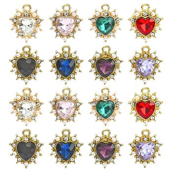 40Pcs 8 Colors Alloy Rhinestone Pendants, with Plastic Imitation Pearl Beads, Heart, Light Gold, Mixed Color, 17x15x5mm, Hole: 1.4mm, 5Pcs/color