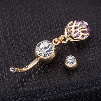 Piercing Jewelry, Brass Cubic Zirconia Navel Ring, Belly Rings, with 304 Stainless Steel Bar, Cadmium Free & Lead Free, Real 18K Gold Plated, Purple, 38x8mm, Bar Length: 3/8"(10mm), Bar: 14 Gauge(1.6mm)