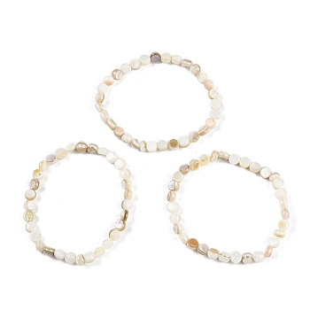 Flat Round Natural Freshwater Shell Beaded Stretch Bracelets for Women, Floral White, Inner Diameter: 2~2-1/8 inch(4.95~5.45cm)