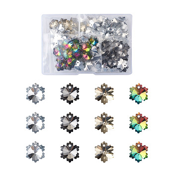 Electroplated Glass Charms, Silver Plated Bottom, Faceted, Snowflake, Mixed Color, 14x12x8mm, Hole: 1mm, 4 colors, 25pcs/color, 100pcs/box