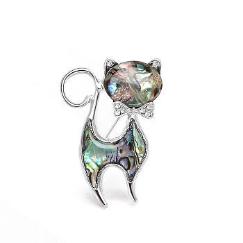 Cat Shape Shell Pin, Alloy Rhinestone Brooch for Backpack Clothes, Platinum, 41x28mm