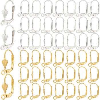 200Pcs 2 Colors Brass Leverback Earring Findings, Ear Wire with Loop, Platinum & Golden, 18x10mm, Hole: 2mm, 100Pcs/color